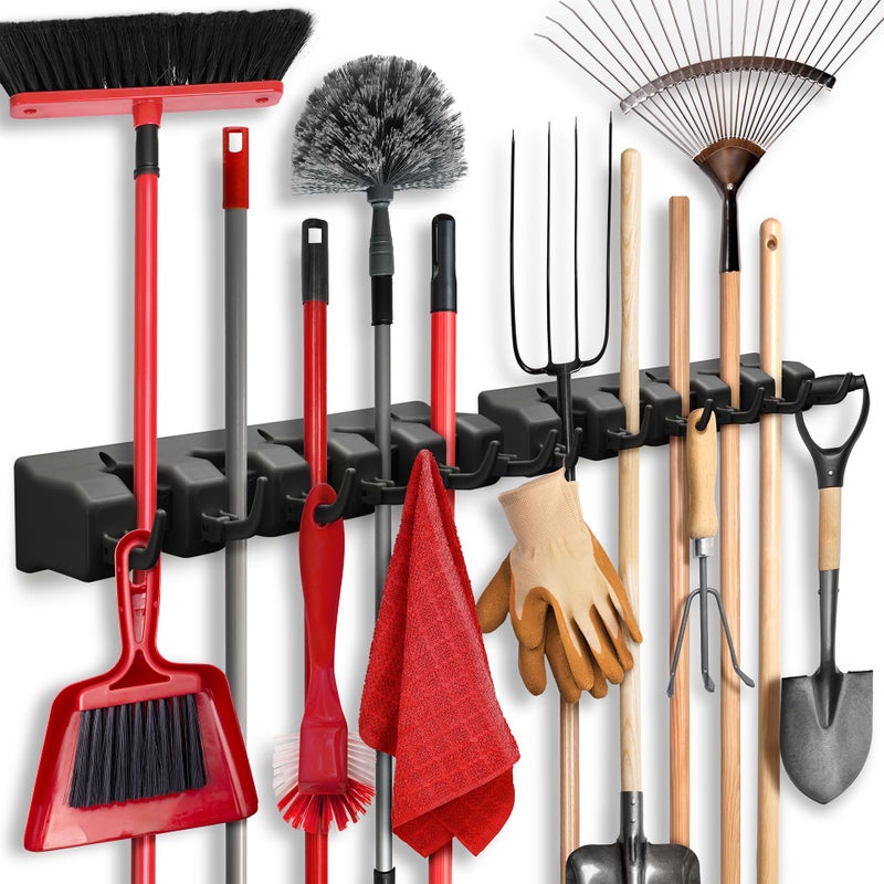 Home-it 2 Pack Mop and Broom Holder Wall Mount - Garage Storage Organizer with 5 Slots  6 Hooks  7.5lbs Capacity Per Slot - Home  Kitchen  Closet  Laundry Room Organization - Black Broom Hanger - Image 1